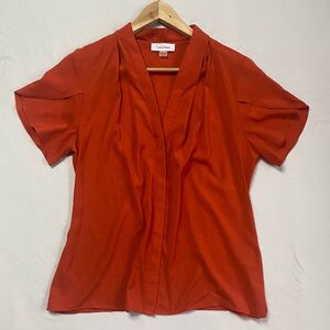 Calvin Klein Burnt Orange V-Neck Blouse Tulip Sleeve Pleated Front Size M